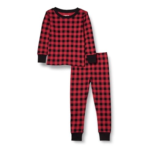 Amazon Essentials Jungen Eng anliegende Baumwoll-Schlafanzüge, Kirschrot/Schwarz Klassisches Buffalo-karo, 9 Jahre