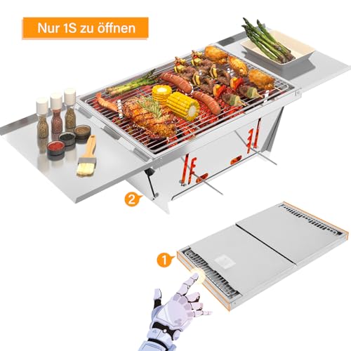 Dripex Faltbare Holzkohlegrill BBQ Einstellbar Campinggrill Tragbarer Reisegrill Hitzebeständigkeit Klein Klappgrill mit Tasche Handschuhe für Camping Outdoor Reisen - Edelstahl 65 x 25 x 14cm
