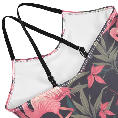 KLL Pink Flamingos on Black Background Girls 1 Piece Swim Suit Summer Swimming Suits with Adjustable Straps Cute4