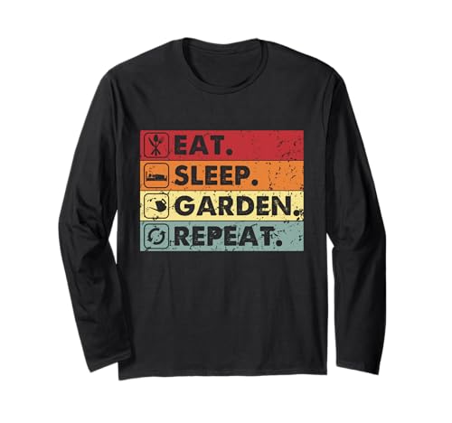 Garden Humour Vintage Gardener Eat Sleep Garden Repeat Manche Longue