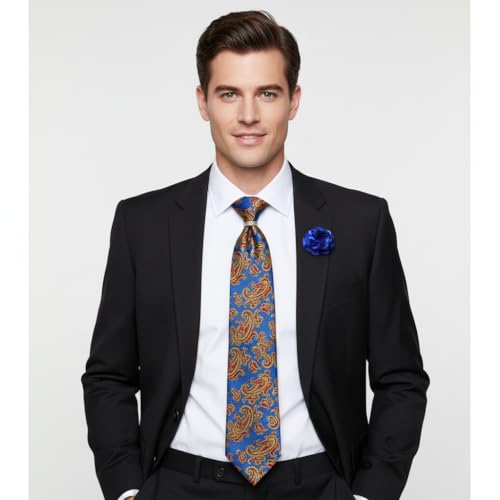 Image of 5PCS Mens Premium Silk Tie, Pocket Square, Cufflinks, Drilled Tie Ring and Lapel Pin Set for Wedding Groom Party