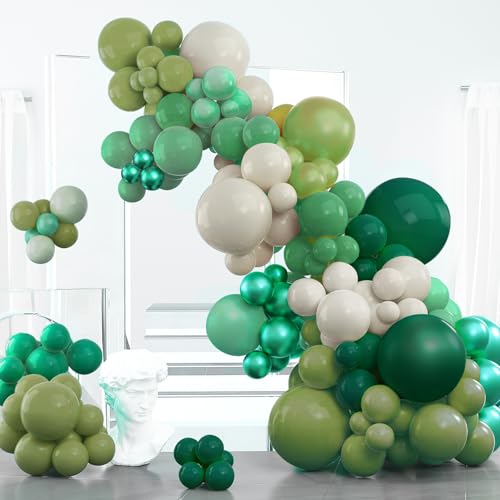 Image of PartyWoo Retro Green Balloon Garland, 100 pcs Shades of Green Balloons Different Sizes Pack of 18 Inch 12 Inch 10 Inch 5 Inch Balloons for Balloon Garland as Party Decorations, Birthday Decorations