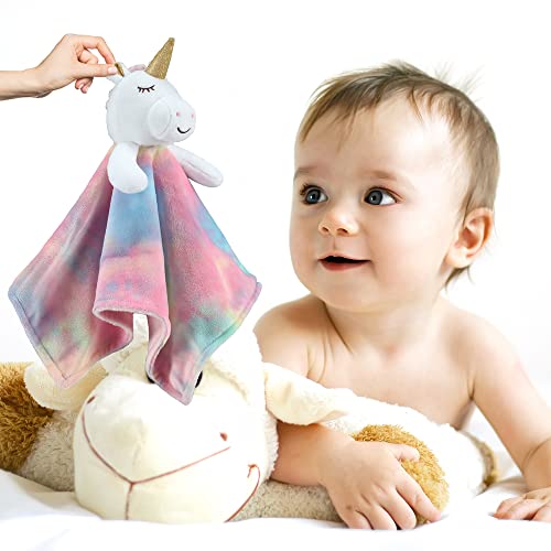 Image of CREVENT Cozy Plush Baby Security Blanket Loveys for Baby Girls, Minky Dot Front + Backing with Animal Face (Unicorn)