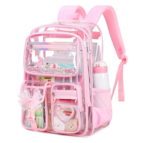 MOONBABY Clear Backpack for Girls Clear Bookbag Heavy Duty Transparent Backpack for Stadium Events See Through Back Pack for Kindergarten Elementary Middle High School Pink