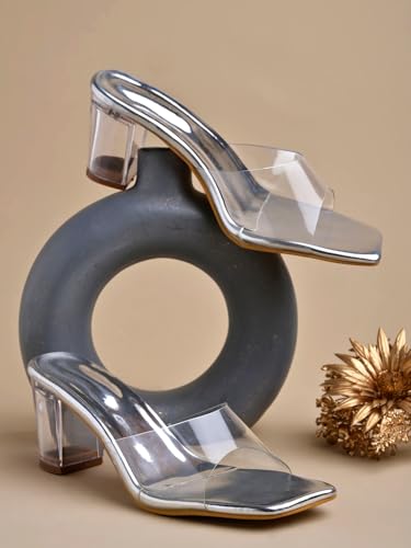 Image of Shoetopia Women's Clear Block Heel Mules || Transparent Strap Slip-On Sandals || Open Toe Chunky Heels