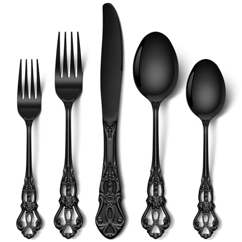 Stapava 30 Pcs Black Silverware Set, Gorgeous Retro Royal Silverware Set for 6, Stainless Steel Mirror Flatware Cutlery Set, Include Forks Spoons and Knives set, Dishwasher Safe Utensils