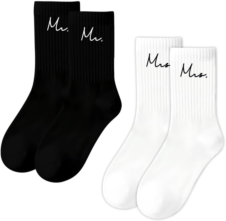 HubbyWifeyGifts Couples Socks for Mr & Mrs Valentines Day Gifts, Wedding Crew Socks for Bride and Groom, Engagement Gift