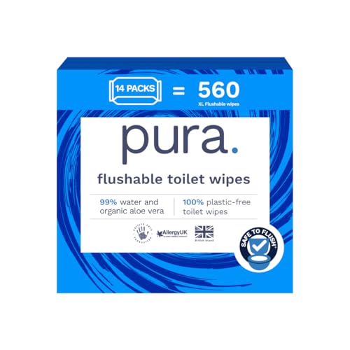Pura Papel Higiénico Húmedo, 560 Toallitas (14 x 40), Para Baño Desechables y Piel Sensible, 100% Libres de Plástico, 99% Agua, Certificadas Como 'Fine to Flush'