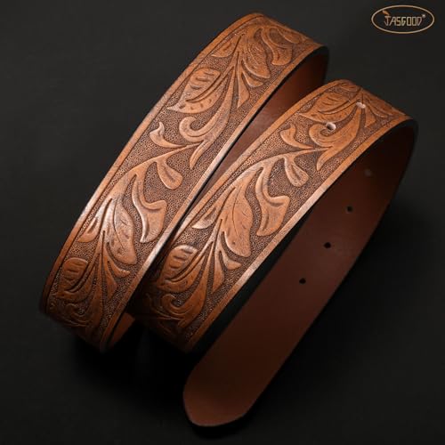 JASGOOD Western Leather Cowboy Belt for Men Women Longhorn Buckle Cowgirl Belt Floral Engraved Embossed Unisex Belt for Jeans4