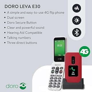 Doro Leva E30-4G Flip Phone for Elderly - Large 2.8" Screen, External Display, High Contrast Keys, Loud & Clear Sound, Camera Secure Button - Charging Cradle Included - Red/White