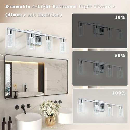 Image of Bathroom Vanity Light Fixture, 4 Lights Wall Lights for Mirror, Modern Wall Vanity Light with Clear Glass Shade, LED 6000K Dimmable, Chrome, 20W, Lenght 27 Inch