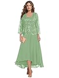 MAGGCIF 2 Pieces Tea Length Mother of The Groom Dresses for Wedding with Jacket Lace Chiffon Sage Green Evening Formal Dress Size 12