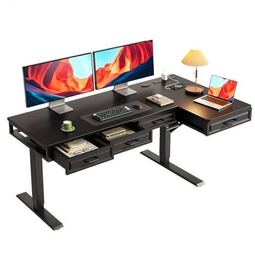 Image of OffiGo 55 Inch L Shaped Standing Desk with 4 Wooden Drawers, Black