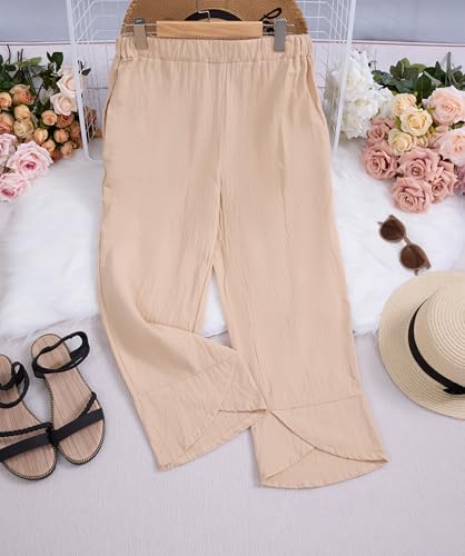 Capris Pants for Women Cotton Linen Baggy Wide Leg Pants Casual Elastic Waisted Palazzo Plus Size Pants with Pockets4