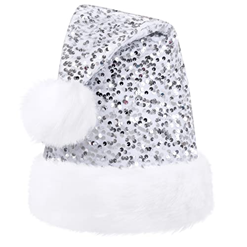 KONVINIT Silver Santa hat Christmas Hat for Adult Luxury Plush Xmas Hat with a Pompom for Men and Women,silver - Image 2