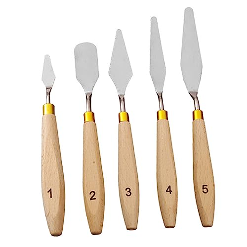 VILLCASE Artists' Essential 5pc Set of Stainless Steel Palette Knives Wooden Handles for Oil Paint