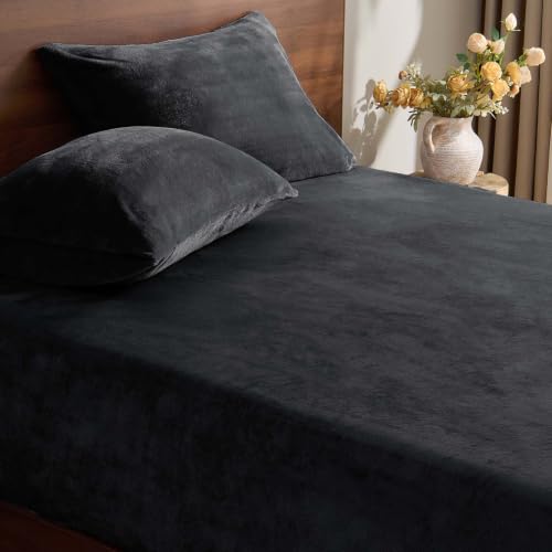 Image of BEDELITE Flannel King Fitted Sheet & Pillowcases Set, Black, 3 Pieces | Ultra Soft Plush Fleece Bed Sheet with Elastic Corner Straps, 16 Inch Deep Pocket, Fuzzy All-Season Gift & Room Decor