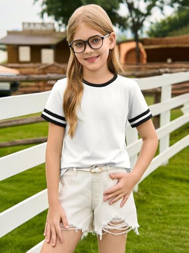 Image of Haloumoning Girls Short Sleeve T Shirts Kids Summer Crewneck Color Block Tops Fashion Tees 5-14 Years