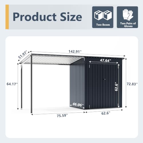 Image of Polar Aurora 12x4 FT Outdoor Storage Shed & Hardtop Gazebo Combo, 6x4 FT Small Metal Shed with Open-Sided Pergola, 2-in-1 Weatherproof Lean to Garden Tool Shed