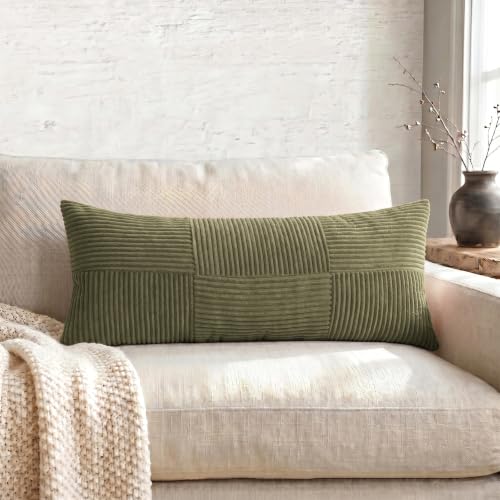 Image of Fancy Homi Set of 2 Olive Green Boho Long Lumbar Body Decorative Throw Pillow Cover 14x36 Inch for Bed Couch Bedroom Bench, Soft Patchwork Corduroy Textured Pillow Case, Rustic Farmhouse Room Decor