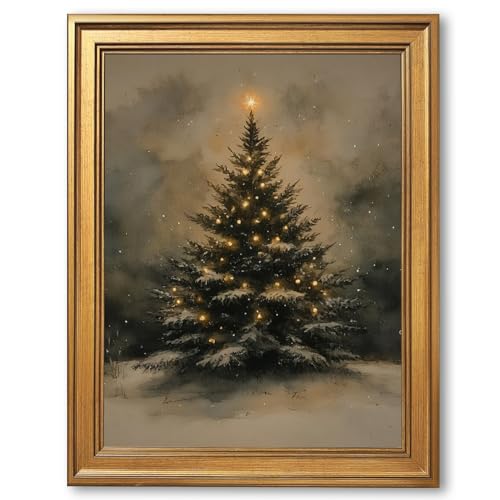 Vintage Gold Framed Christmas Tree Wall Art Elegant Snowy Tree Canvas Poster Print Retro Classic Holiday Winter Scene Landscape Painting for Bedroom Home Enterway Decor 12x16inch