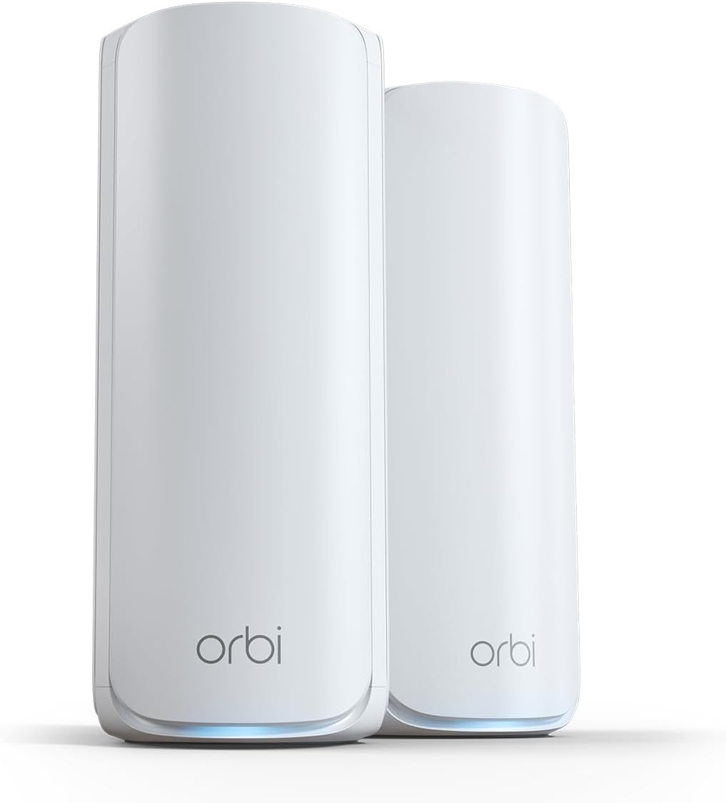 – NETGEAR Orbi 7 Mesh Tri-Band WiFi System (RBE772) – Pack of 2 – 500 m² Coverage, 100 Devices – 2.5 Gbps Internet Port – BE11000 (11 Gbps) – Compatible with Thick Walls and All Boxes