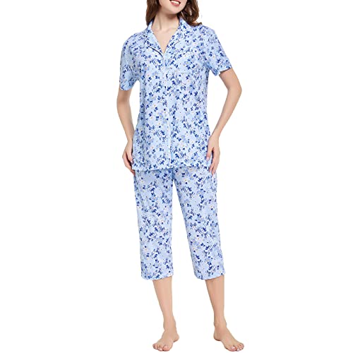 Image of Tugege Capri Pajamas Set Womens Button Down Short Sleeve Lounge Sets Sleepwear Notch Collar Top & Capri 2 Piece PJ Sets