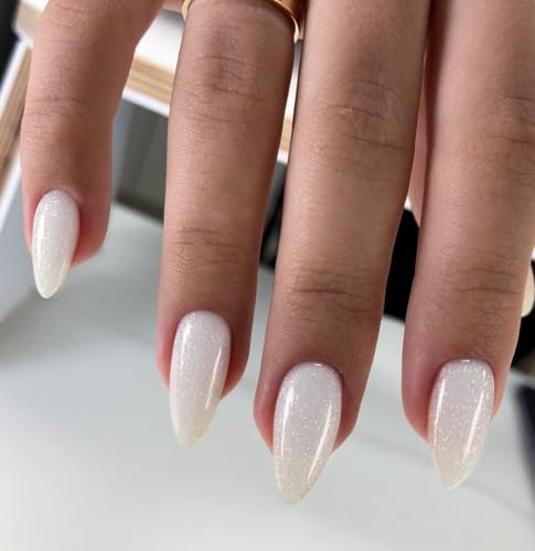 KQueenest Glitter Cat Eye Press on Nails Short Almond, 30 Pcs Sparkly Milky White Fake Nails Press on Medium, Bling Acrylic Nails Stick on, Reusable Glue on Nail for Women with Sequins Design