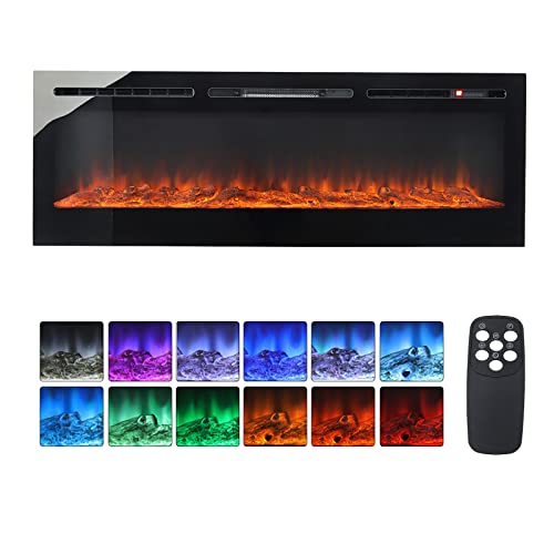 INMOZATA 127cm Electric Fire Wall Mounted Recessed Electric Fireplace With 12 LED Flame Colors, Adjustable Thermostat, Crystal&Logs Set, 900W/1800W, Remote&Touch Screen Control (127cm/50in, Black)