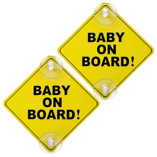 DOPENSPI 2 Stück Baby an Bord Auto Warnschilder,12,5 x 12,5 cm Gelb Auto-Aufkleber Sicherheits Autoschild mit Doppelten Saugnäpfen Wiederverwendbarer süß Baby on Board Aufkleber Auto