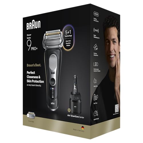 Braun Afeitadora eléctrica Series 9 PRO+, Pro SensoAdapt, centro de cuidado inteligente 6 en 1, maquinilla de afeitar húmeda y seca, 9660CCPS, color negro