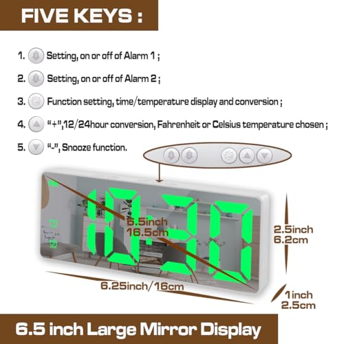 Image of Small Digital Alarm Clock, Mirror Surface LED Electronic Clocks with Large Display, Adjustable Brightness and Snooze Model for Bedroom, Desk, Office, Whitecase Green Digit