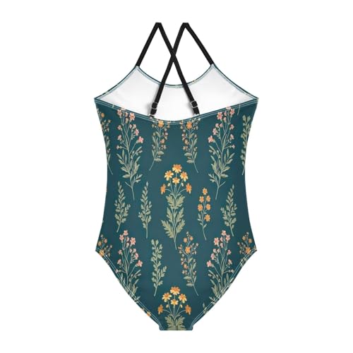 Wildflowers Botanicals Orange Green Girls 1 Piece Swimsuit, Beach Bathing Suit 3-10 Y with Adjustable Shoulder Strap, 3-10 Y2