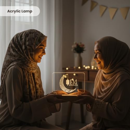 Image of Giftana Eid Mubarak LED Acrylic Night Lamp with Wooden Base - Decorative Moon Lamp with Warm Light - Eid Mubarak Gift for Men, Women & Friends - Eid Decoration Gift for Home, Bedroom & Table Decor