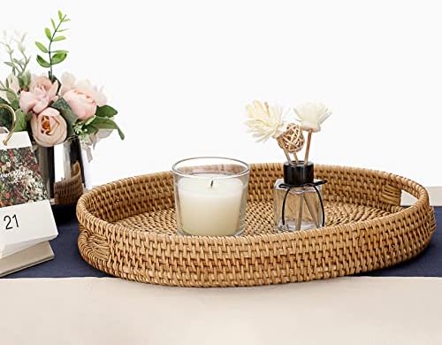 IGNPION Oval Rattan Serving Tray Decorative Display Tray Table Storage Tray with Handle Table Desktop Organiser Tray for Tableware, Kitchen,Makeup,Vanity,Jewelry,Candle, Ornament (35x26cm)