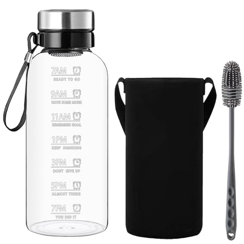 RNCKUUE 1.5 Liter Glasflasche 1.5l Glas Trinkflasche Wasserflasche Glas mit Sieb Neoprenhülle Flaschenbürste