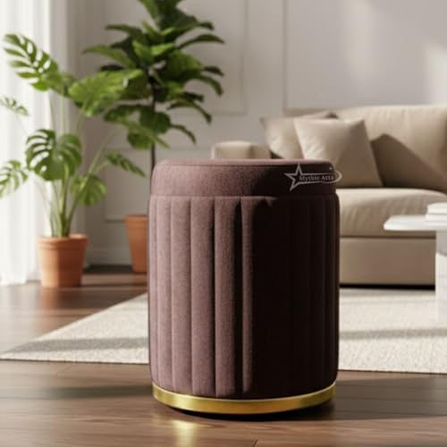 Image of Round Strip Stool with Cushion Foot Rest Office Stool Pouf Ottoman Padded Seat in Living Room - Brown
