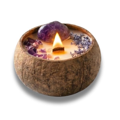 Svadia Lavender Bliss | Bougie Parfumée Artisanale à l’Améthyste dans Coque de Noix de Coco Naturelle | Bougie en Cire de Soja Écologique Lavande & Coco | Cadeau pour Maison & Mariage