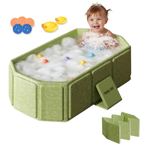 Bañera plegable para Niños: Bañera Grande para Niños Pequeños - Incluye 5 Pelotas y 2 patos - Bañera Integrada con Tapón de Drenaje - Bañera Portátil con Juguetes para Niños (Green)