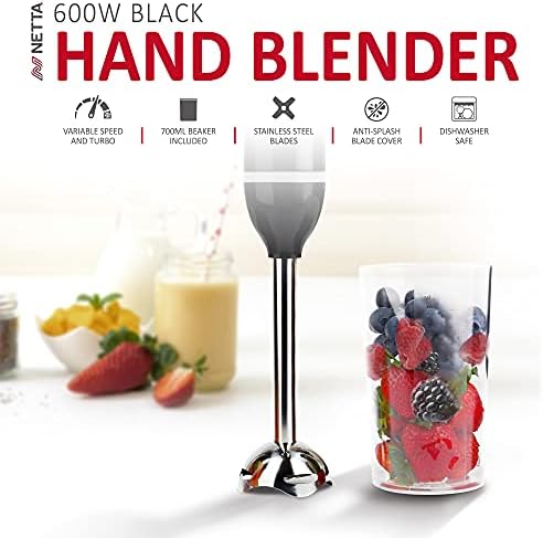 NETTA Hand Blender with 700ml Beaker - Powerful 600W - Variable Speed and Turbo Settings - Food Grade 304 Stainless Steel Blades - Ergonomic Stick Handle - BPA Free