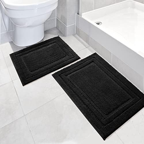 HOMEIDEAS Bathroom Rugs Sets 2 Piece, Black Bath Mat Set for Bathroom, Absorbent Non Slip Bath Rug for Floor, Machine Washable & Super Soft Microfiber Shower Mats, 16 x 24 & 20 x 32 inch