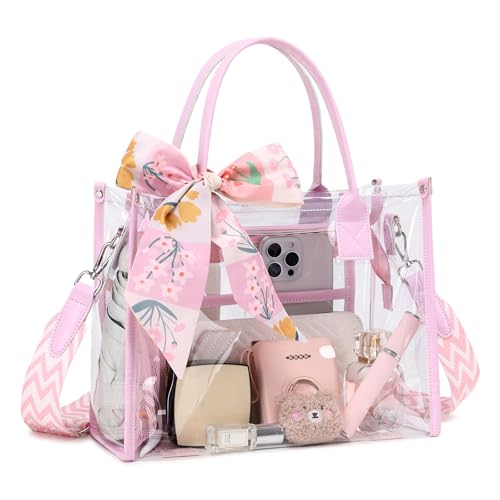 Image of Clear Tote Bag Stadium Events Transparent Clear Purse for Women Thick PVC Shoulder Bag with Guitar Strap for Concert