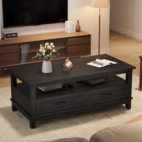 GarveeHome Farmhouse Coffee Table with Drawers, 47.2 in Center Table Rustic Coffee Tables Black Living Room Table, with Open Shelf and 6 Support Legs - Thumbnail 4