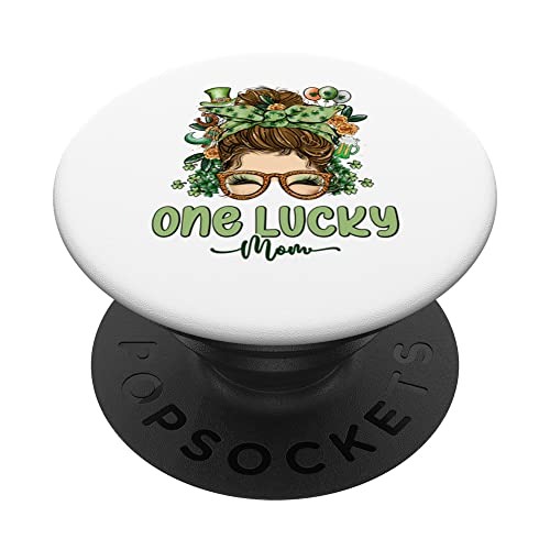 One Lucky Mom Messy Bun Shamrock St Patrick's Day Mothers PopSockets PopGrip Interchangeable