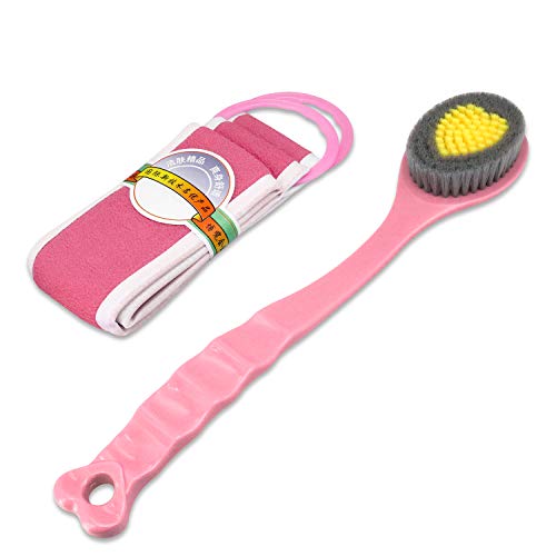 QiCheng&LYS Long Handle Bath Brush - Soft Comfortable Body Massage Brush for Exfoliating Brush for Dry Skin (Pink Towel and Mud)