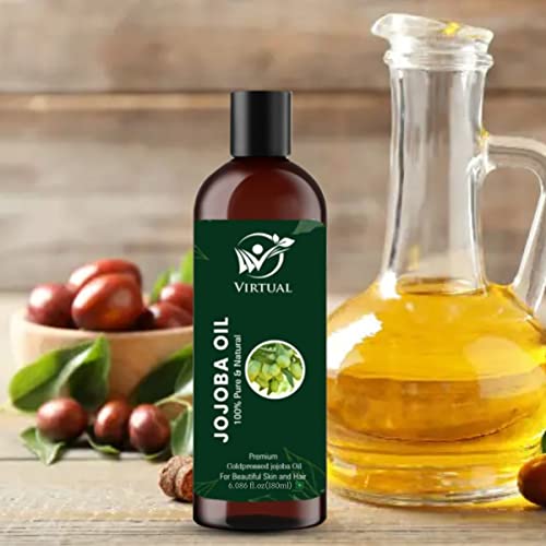 Image of VIRTUAL Pure Jojoba Essential Oil For Stronger Hair, Body Skin Care, Moisturizing Dry Skin, Eyelash & Nails Cold Pressed Oil With No Mineral & Silicones