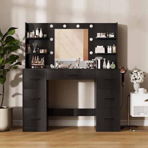 Image of Furmax Vanity Desk with Mirror, LED Lights and Power Outlet Makeup Vanity Table with 7 Drawers and 6 Storage Shelves Dressing Table for Bedroom Dressing Room (Black)
