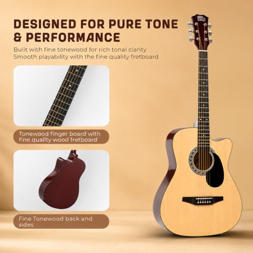 Image of INTERN Glossy 38 Inch Acoustic Guitar Kit for Beginners, Right Handed 6 String Cutaway Guitar with Spruce Top, Ebony Fretboard, Bag, Strap, Picks & Extra Strings (INT-38C-G)