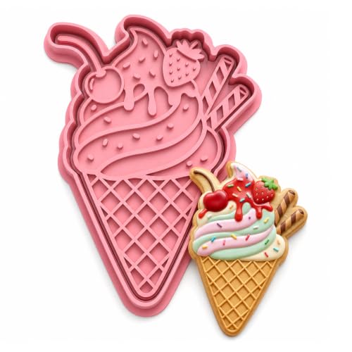 Flycalf Soft Serve Ice Cream Cookie Cutter and Embosser Stamp Set - 3D Printed PLA 5 Inch - Summer Sweet Shop Theme