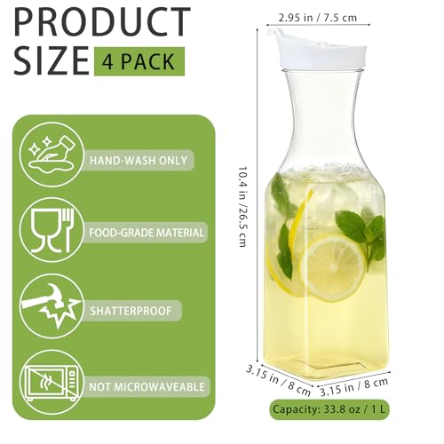 Zmpkhba 4 Pack Plastic Carafe with Lids, 1 Liter Large Mimosa Bar Juice Drink Containers Clear Beverage Square Base Bottle for Fridge, Water, Milk, Iced Tea, Hand Wash by Zmpkhba - Image 2